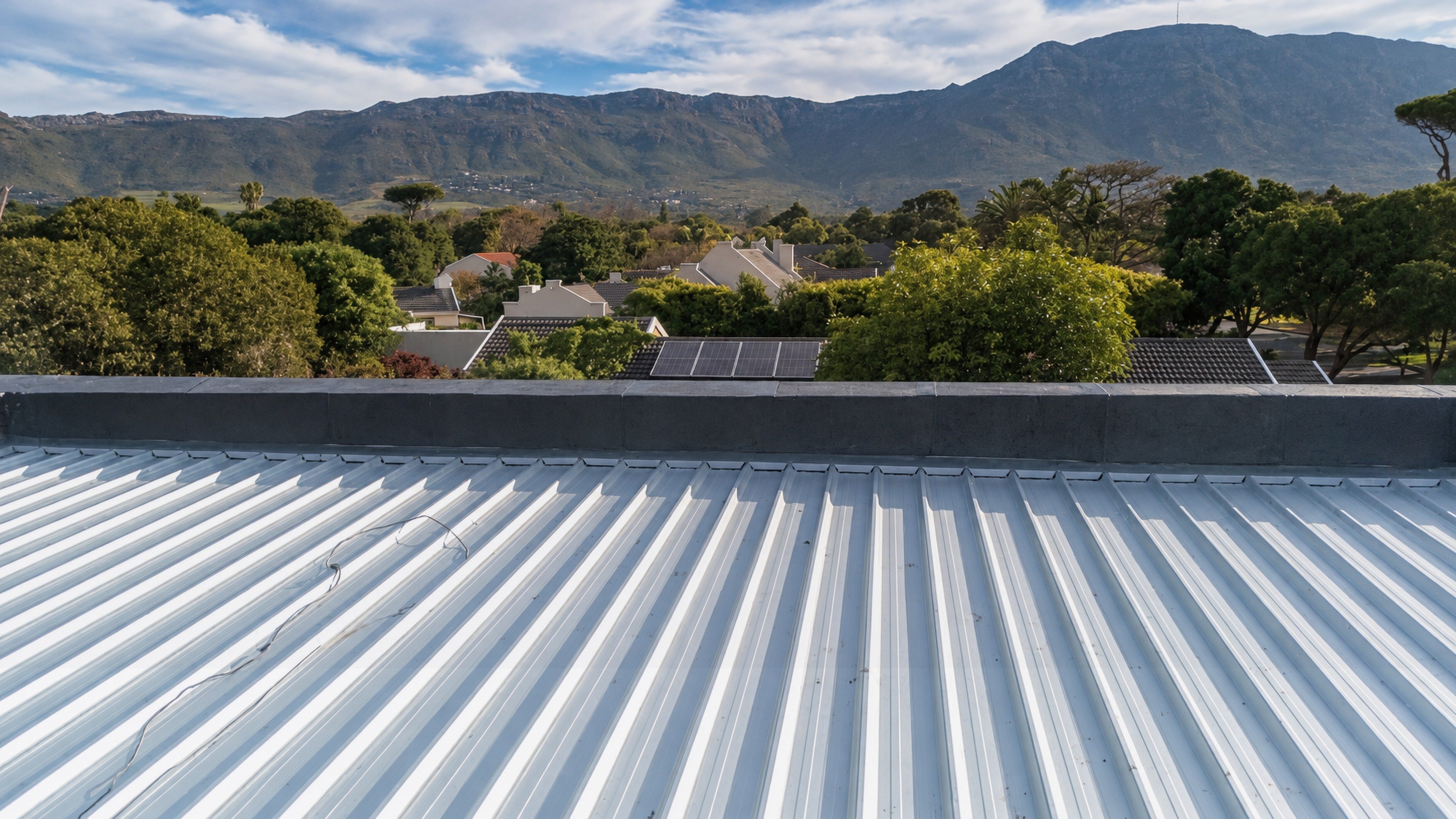 New metal roof sheeting with Cape Town mountains behind